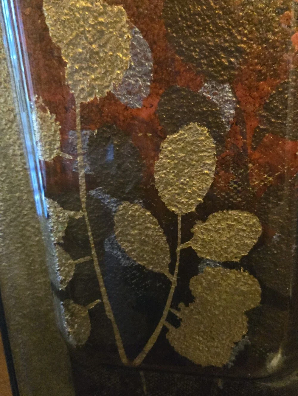 Decorative Fused Art Glass Vase With Metal Frame.gold And Earth Tones